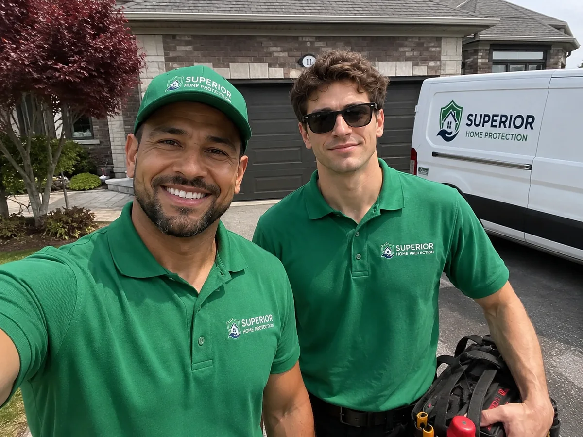 Two Superior Home Protection technicians in green uniforms outside a customer’s home with a branded service van
